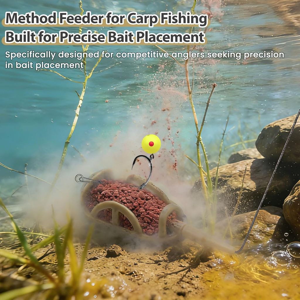 Carp Fishing Method Feeders Set - Inline Baiting Tool & Groundbait Sinker Cages with Easy-Press Compactor | Professional Carp Fishing Equipment for Coarse Fishing & Efficient Baiting