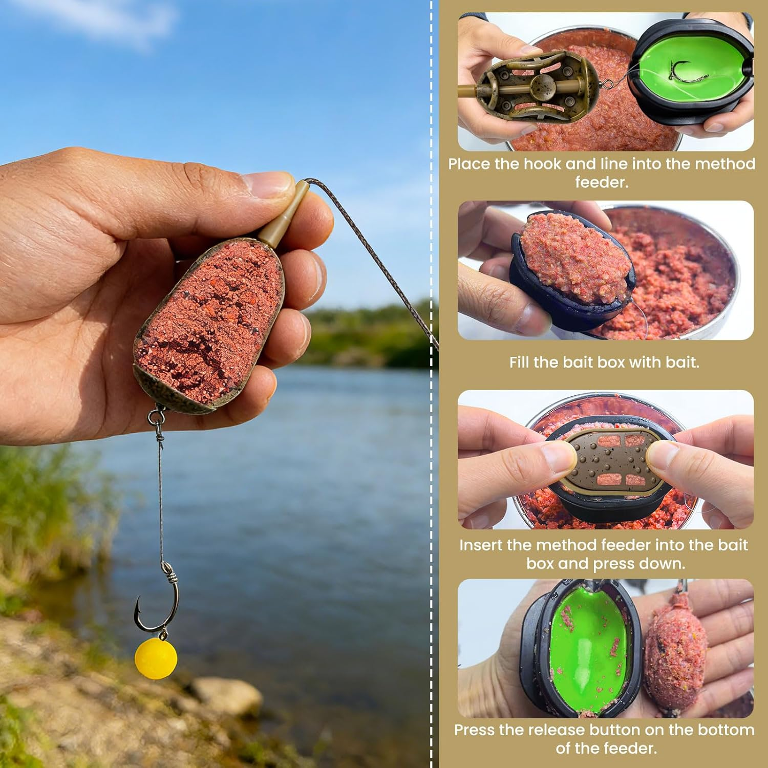 Carp Fishing Method Feeders Set - Inline Baiting Tool & Groundbait Sinker Cages with Easy-Press Compactor | Professional Carp Fishing Equipment for Coarse Fishing & Efficient Baiting