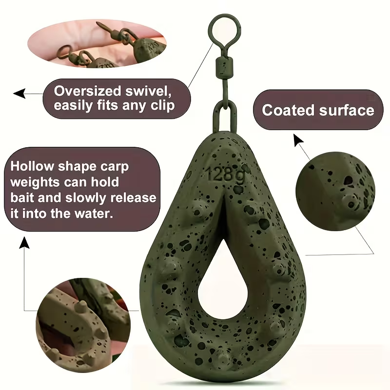 Fishing Lead Weights - Teardrop Shape with Coated Surface, Hollow Carp Weights for Slow Release Bait, Fits Any Clip